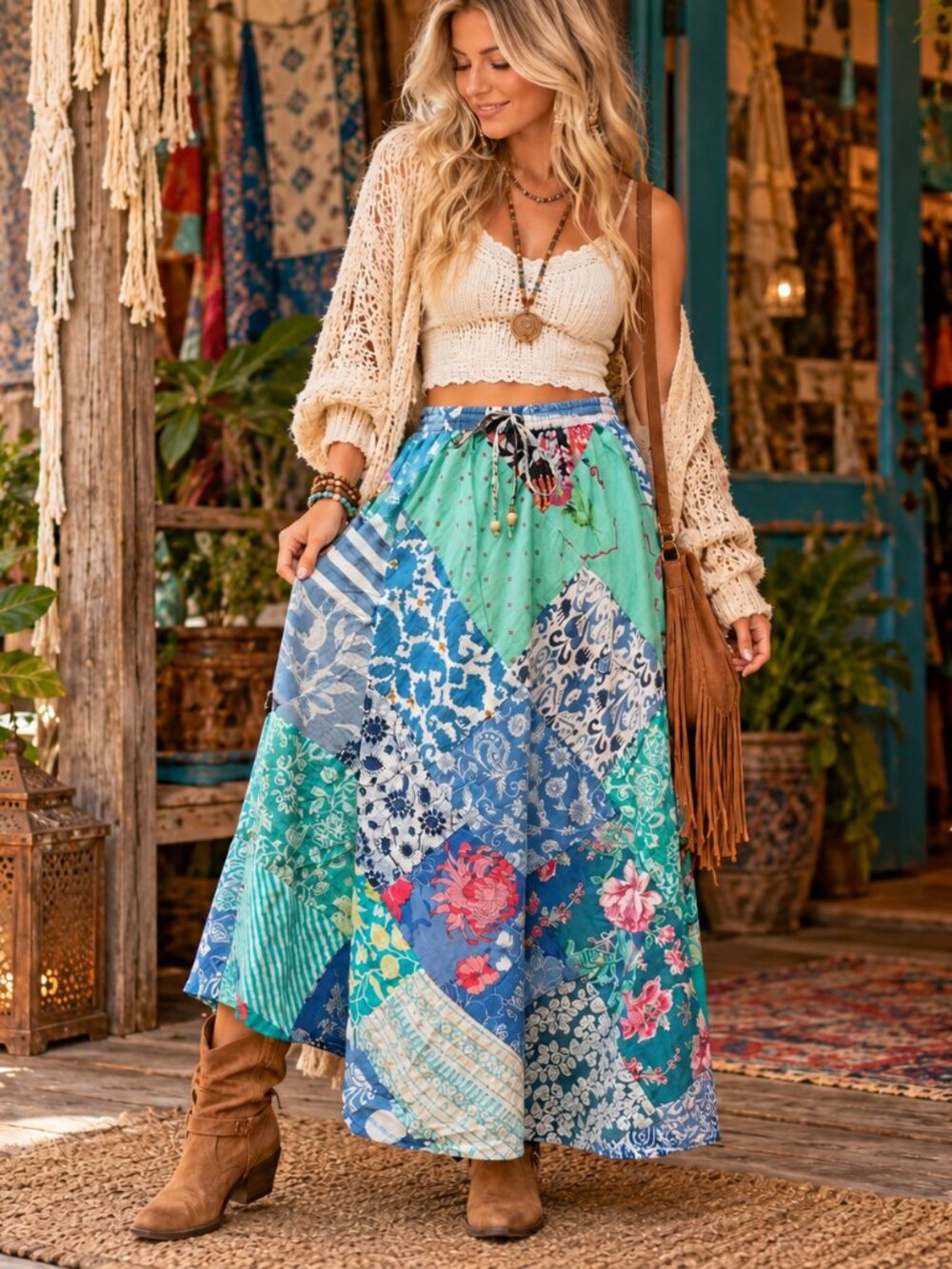 NWT Cotton Oblique Patchwork Drawstring Skirt-Medium